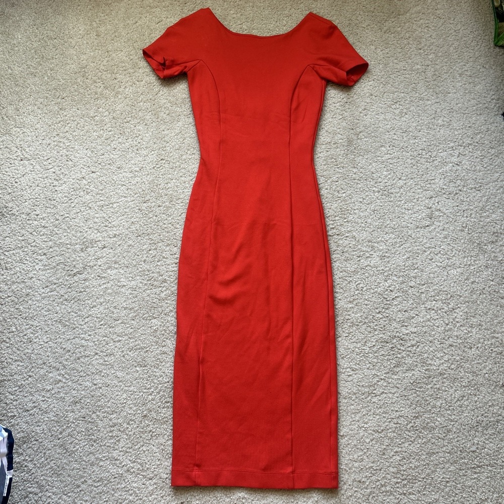 ZARA Trafaluc Red Midi Sheath Bodycon Dress Short Sleeve XS EUC Fall Capsule
